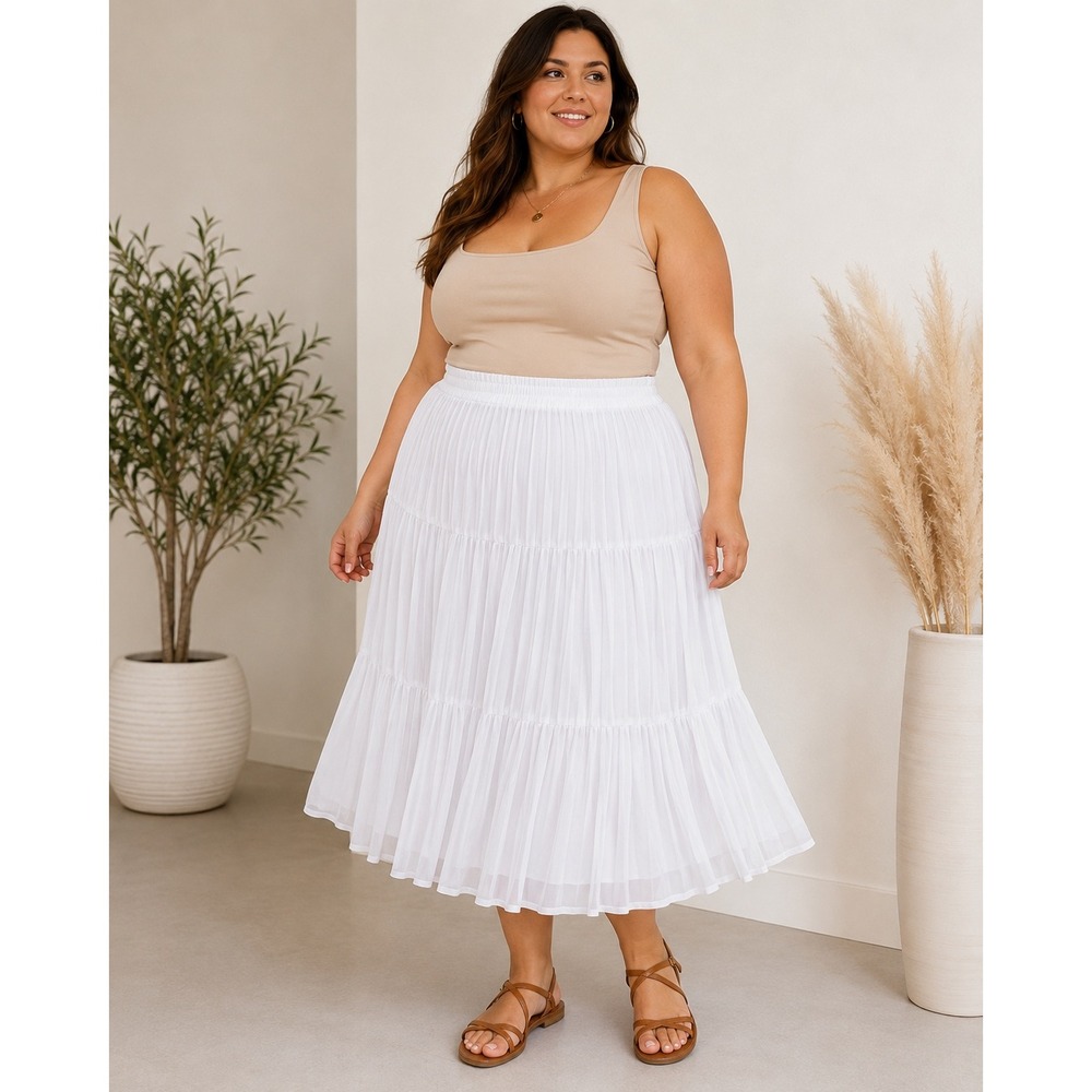 Maggie Barnes Tiered Skirt Women 4X White Pleated Elastic Waist Midi Boho 30/32W